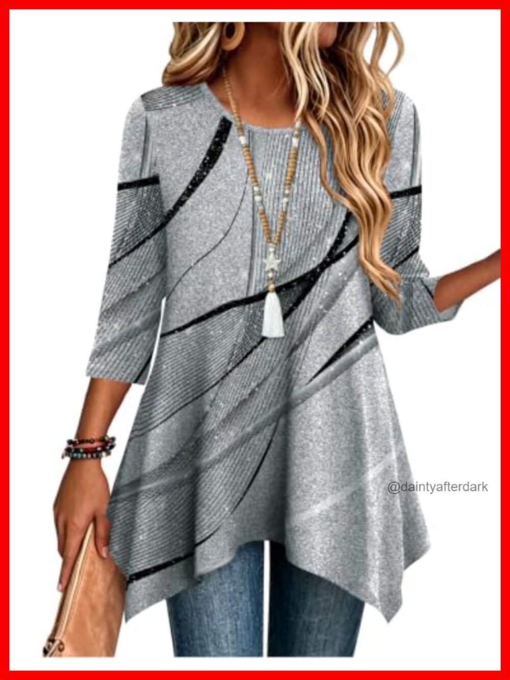 Womens 3/4 Sleeve Tunic Top Polyester Spandex Loose Fit Boho Shirt